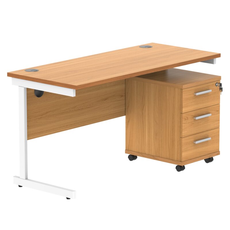 Single Upright Rectangular Desk + 3 Drawer Mobile Under Desk Pedestal | 1400 X 600 | Norwegian Beech/White