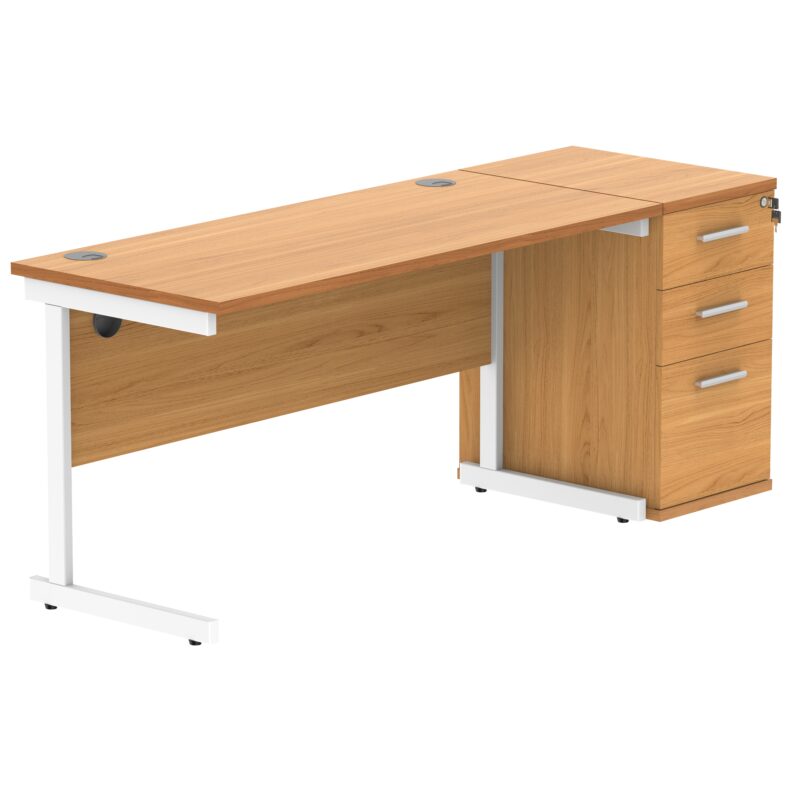 Single Upright Rectangular Desk + Desk High Pedestal | 1400 X 600 | Norwegian Beech/White