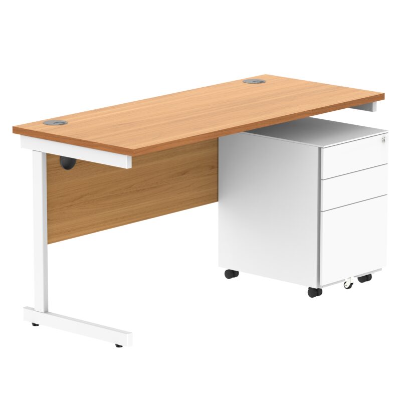 CORE Single Upright Rectangular Desk + Under Desk Steel Pedestal 3 Drawers | 1400 X 600 | Norwegian Beech/White