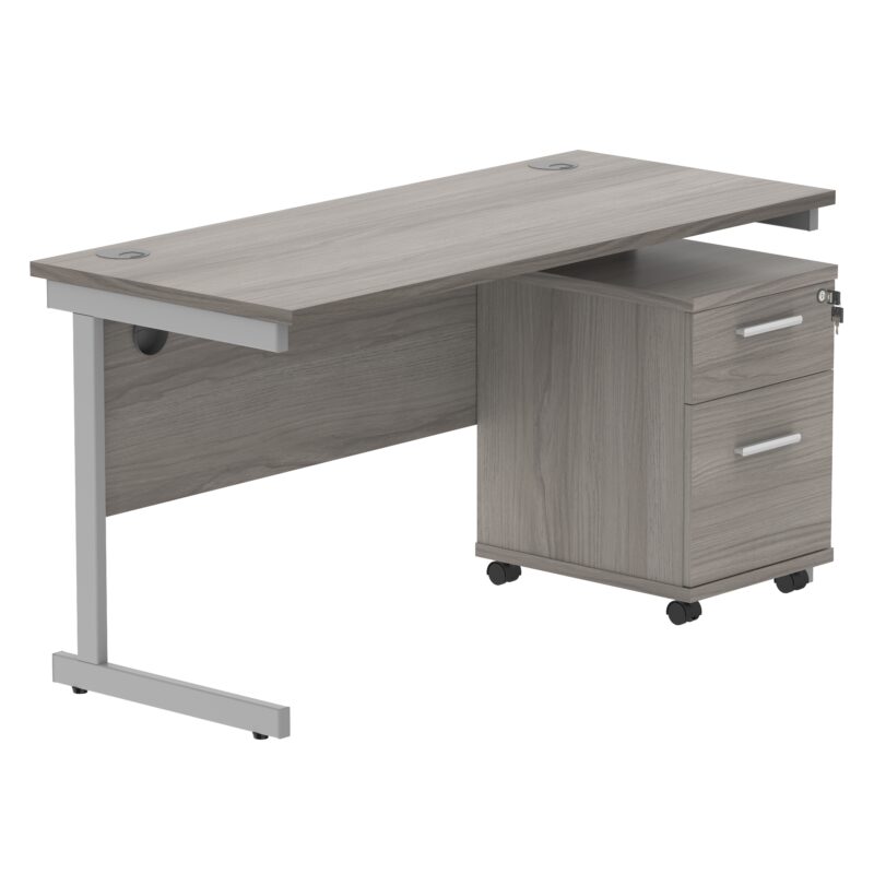 Single Upright Rectangular Desk + 2 Drawer Mobile Under Desk Pedestal | 1400 X 600 | Alaskan Grey Oak/Silver