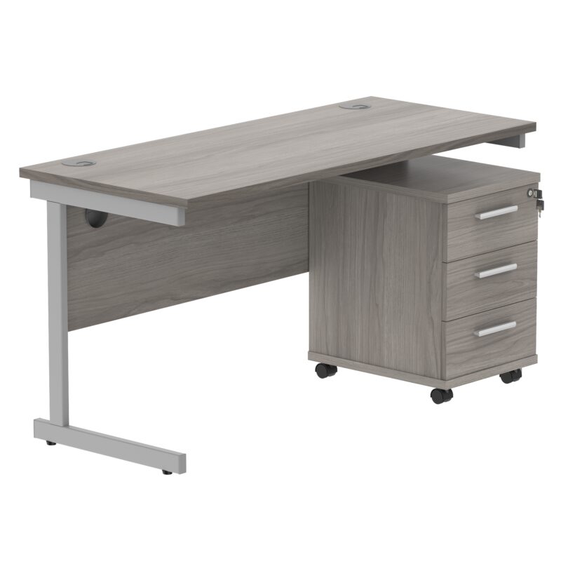 Single Upright Rectangular Desk + 3 Drawer Mobile Under Desk Pedestal | 1400 X 600 | Alaskan Grey Oak/Silver