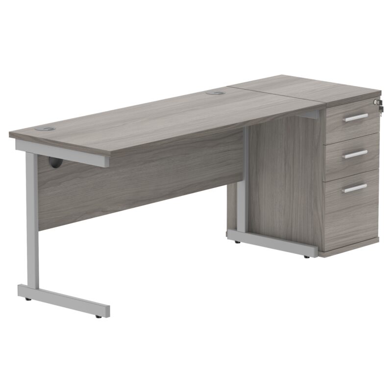 Single Upright Rectangular Desk + Desk High Pedestal | 1400 X 600 | Alaskan Grey Oak/Silver