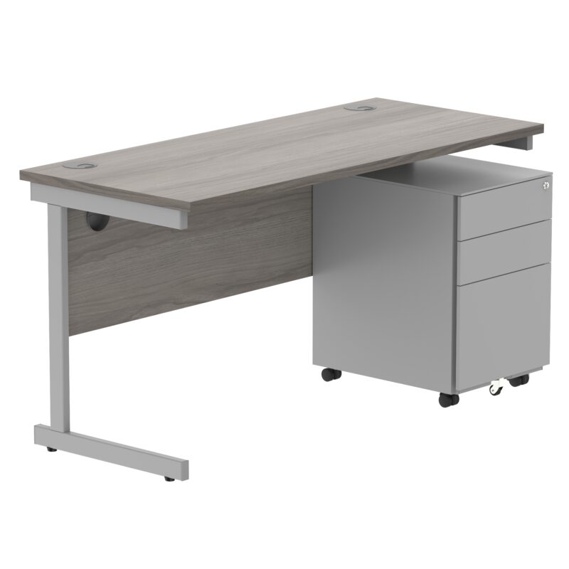 CORE Single Upright Rectangular Desk + Under Desk Steel Pedestal 3 Drawers | 1400 X 600 | Alaskan Grey Oak/Silver