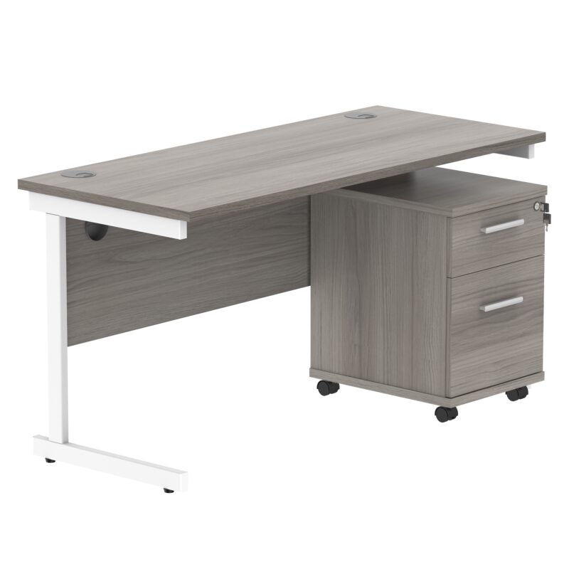 Single Upright Rectangular Desk + 2 Drawer Mobile Under Desk Pedestal | 1400 X 600 | Alaskan Grey Oak/White