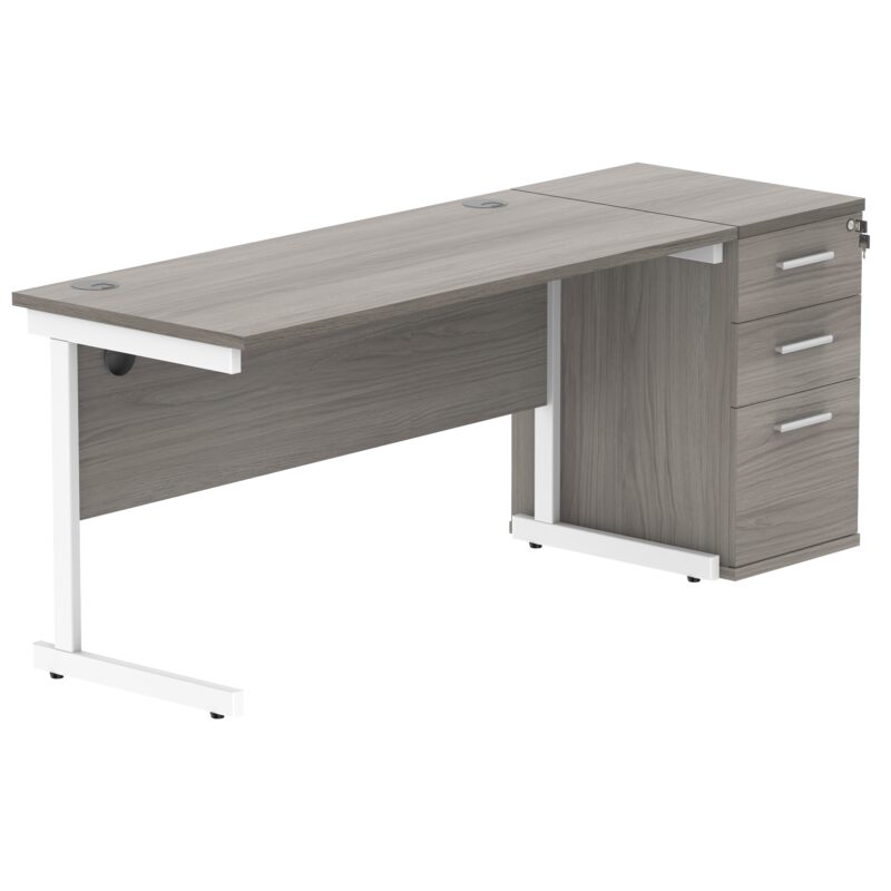 Single Upright Rectangular Desk + Desk High Pedestal | 1400 X 600 | Alaskan Grey Oak/White