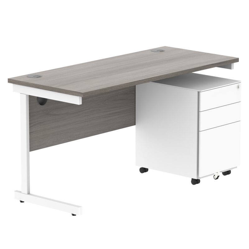 CORE Single Upright Rectangular Desk + Under Desk Steel Pedestal 3 Drawers | 1400 X 600 | Alaskan Grey Oak/White