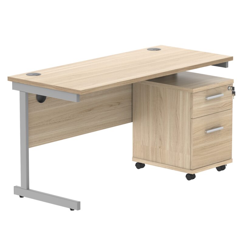 Single Upright Rectangular Desk + 2 Drawer Mobile Under Desk Pedestal | 1400 X 600 | Canadian Oak/Silver