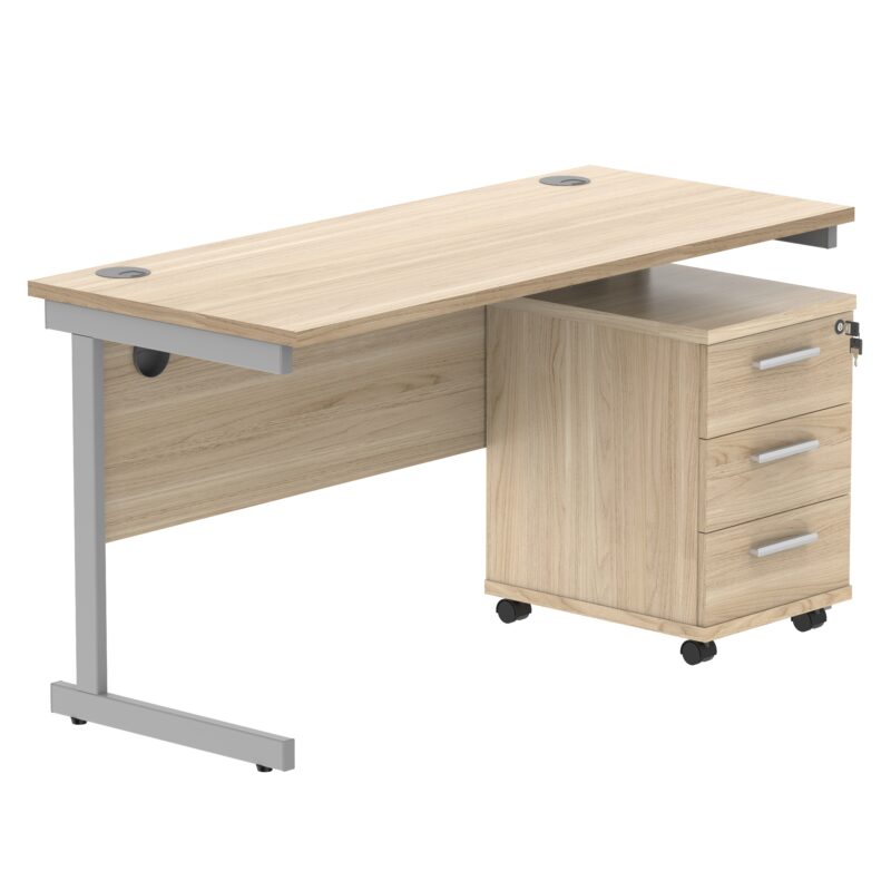 Single Upright Rectangular Desk + 3 Drawer Mobile Under Desk Pedestal | 1400 X 600 | Canadian Oak/Silver