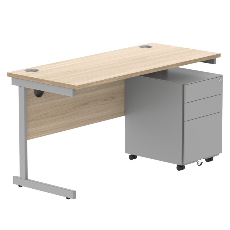 CORE Single Upright Rectangular Desk + Under Desk Steel Pedestal 3 Drawers | 1400 X 600 | Canadian Oak/Silver