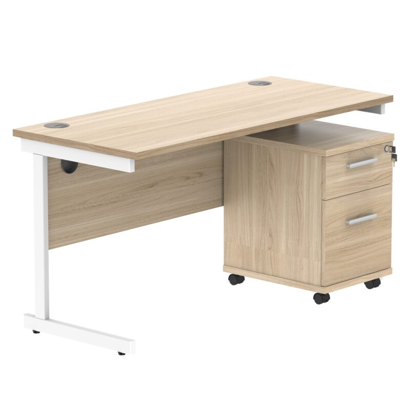 Single Upright Rectangular Desk + 2 Drawer Mobile Under Desk Pedestal | 1400 X 600 | Canadian Oak/White