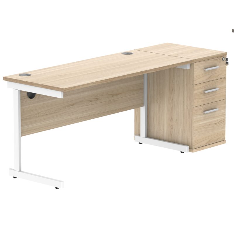 Single Upright Rectangular Desk + Desk High Pedestal | 1400 X 600 | Canadian Oak/White