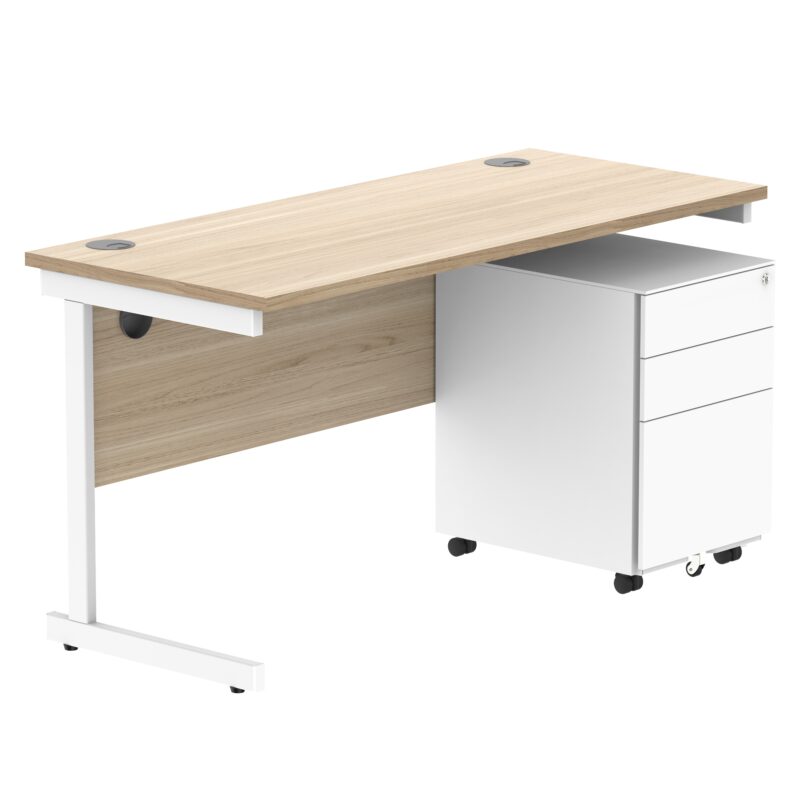 CORE Single Upright Rectangular Desk + Under Desk Steel Pedestal 3 Drawers | 1400 X 600 | Canadian Oak/White