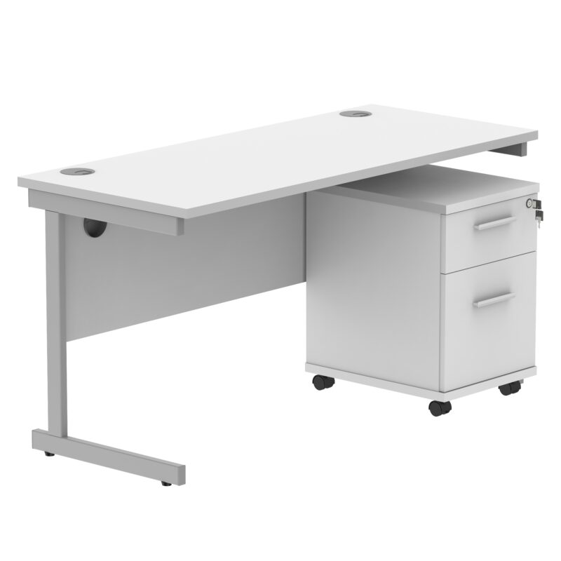 Single Upright Rectangular Desk + 2 Drawer Mobile Under Desk Pedestal | 1400 X 600 | Arctic White/Silver