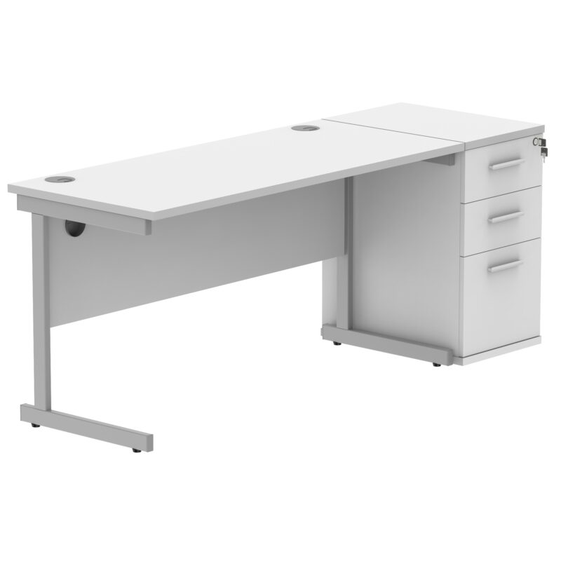 Single Upright Rectangular Desk + Desk High Pedestal | 1400 X 600 | Arctic White/Silver