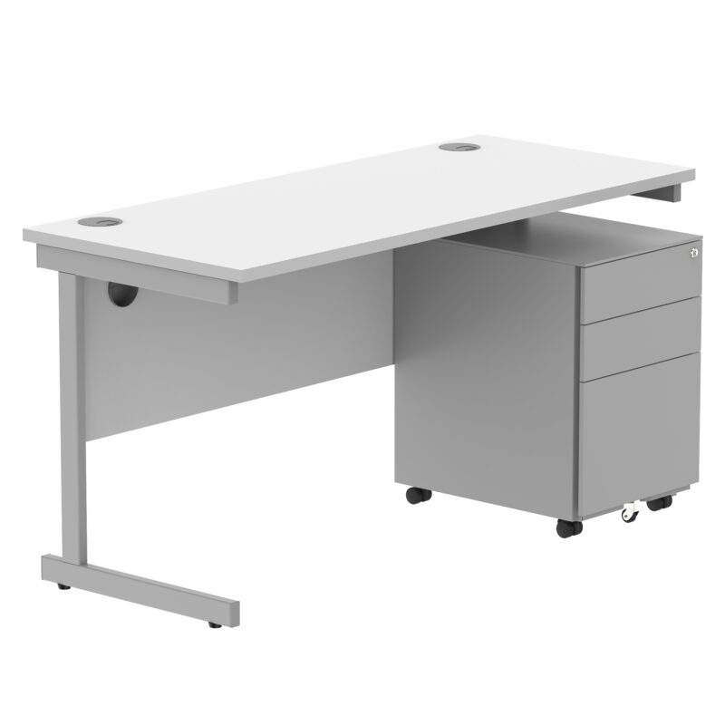 CORE Single Upright Rectangular Desk + Under Desk Steel Pedestal 3 Drawers | 1400 X 600 | Arctic White/Silver