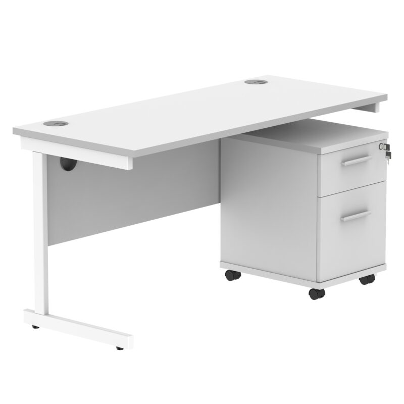 Single Upright Rectangular Desk + 2 Drawer Mobile Under Desk Pedestal | 1400 X 600 | Arctic White/White