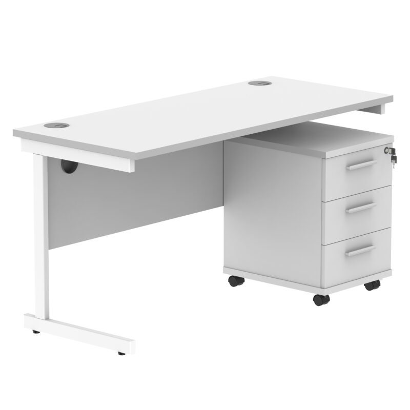 Single Upright Rectangular Desk + 3 Drawer Mobile Under Desk Pedestal | 1400 X 600 | Arctic White/White