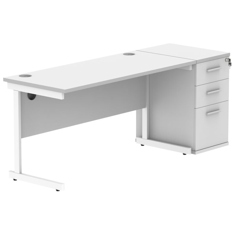 Single Upright Rectangular Desk + Desk High Pedestal | 1400 X 600 | Arctic White/White