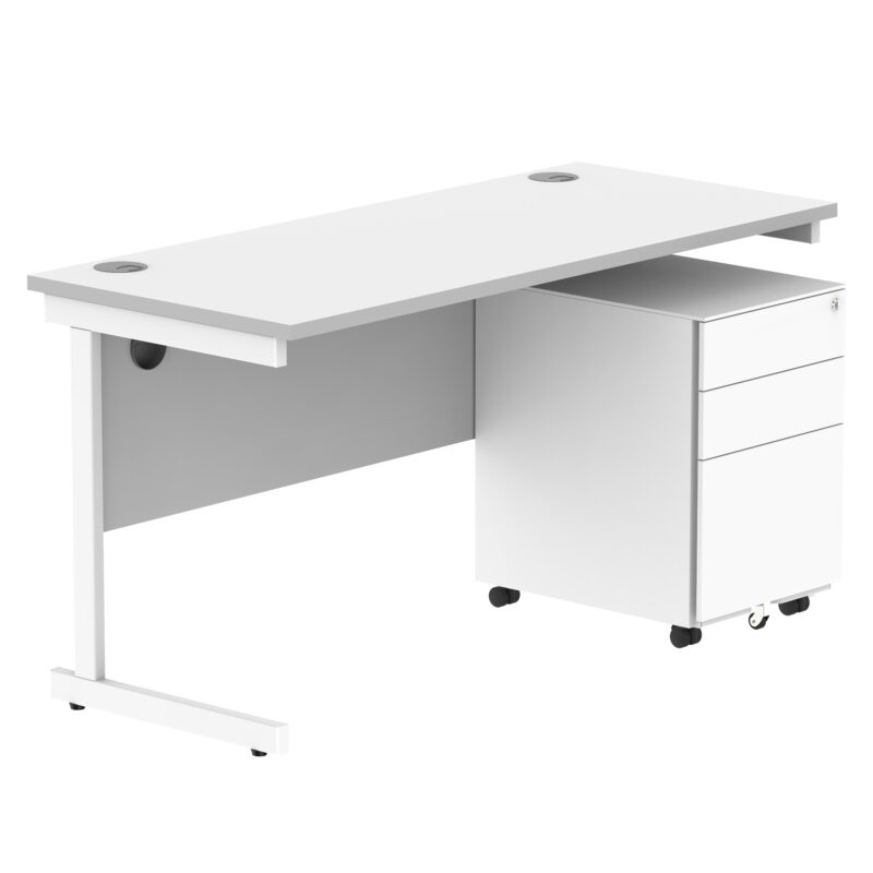 CORE Single Upright Rectangular Desk + Under Desk Steel Pedestal 3 Drawers | 1400 X 600 | Arctic White/White