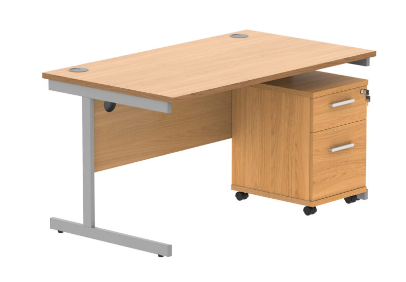 Single Upright Rectangular Desk + 2 Drawer Mobile Under Desk Pedestal | 1400 X 800 | Norwegian Beech/Silver