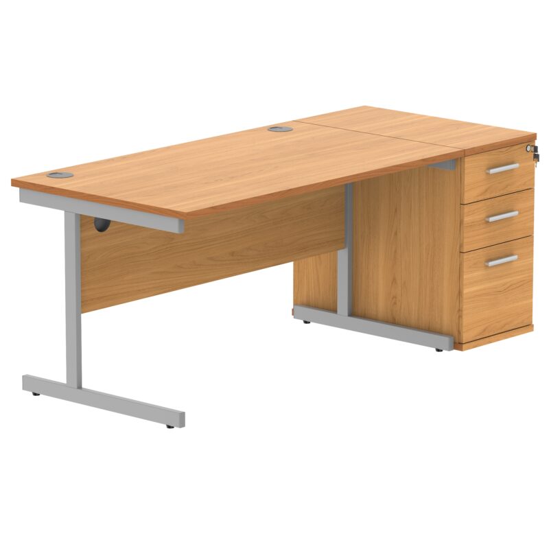 Single Upright Rectangular Desk + Desk High Pedestal | 1400 X 800 | Norwegian Beech/Silver