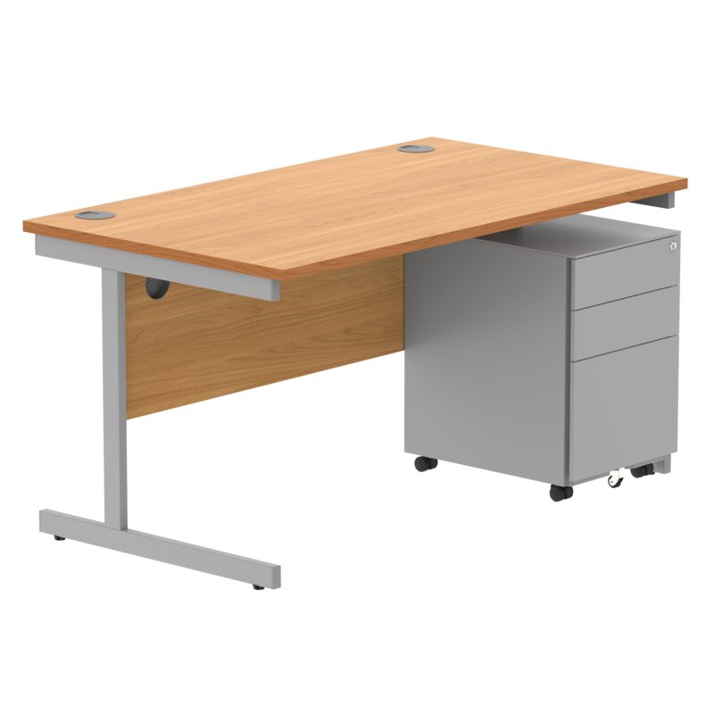 CORE Single Upright Rectangular Desk + Under Desk Steel Pedestal 3 Drawers | 1400 X 800 | Norwegian Beech/Silver