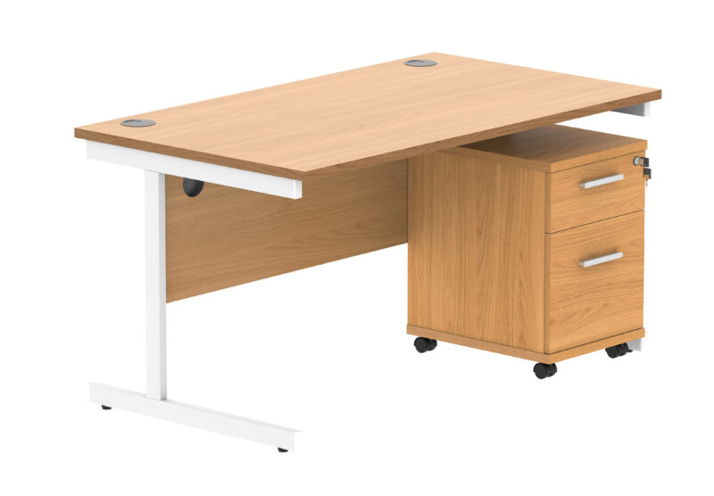 Single Upright Rectangular Desk + 2 Drawer Mobile Under Desk Pedestal | 1400 X 800 | Norwegian Beech/White