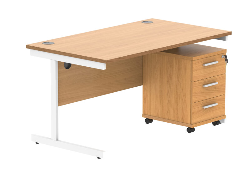 Single Upright Rectangular Desk + 3 Drawer Mobile Under Desk Pedestal | 1400 X 800 | Norwegian Beech/White