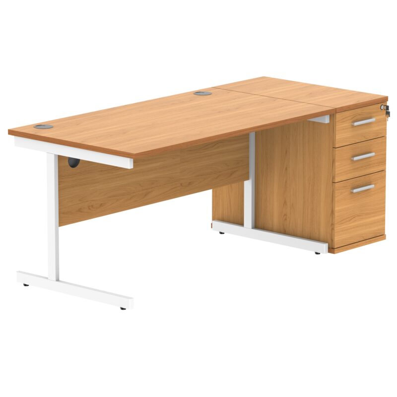 Single Upright Rectangular Desk + Desk High Pedestal | 1400 X 800 | Norwegian Beech/White