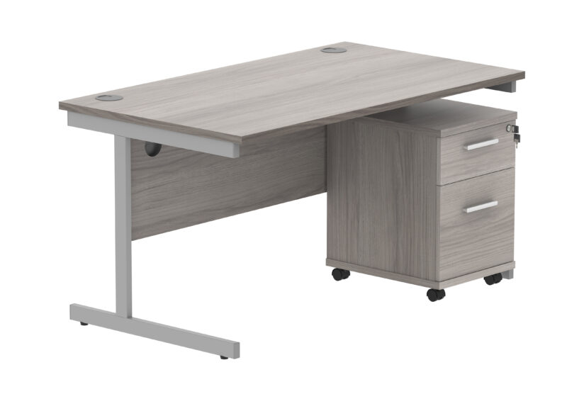 Single Upright Rectangular Desk + 2 Drawer Mobile Under Desk Pedestal | 1400 X 800 | Alaskan Grey Oak/Silver