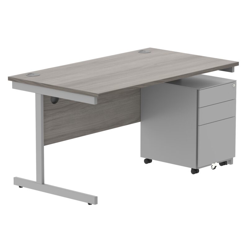 CORE Single Upright Rectangular Desk + Under Desk Steel Pedestal 3 Drawers | 1400 X 800 | Alaskan Grey Oak/Silver