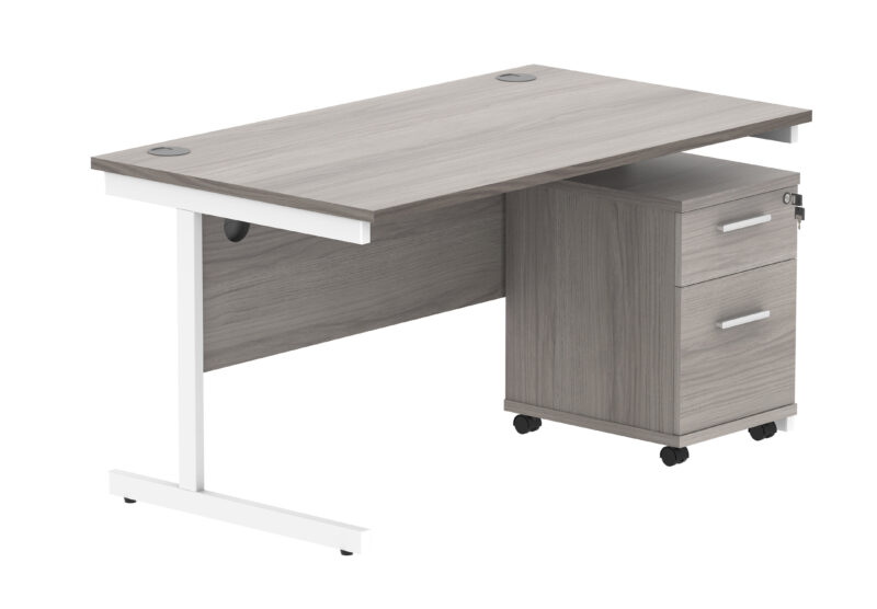 Single Upright Rectangular Desk + 2 Drawer Mobile Under Desk Pedestal | 1400 X 800 | Alaskan Grey Oak/White