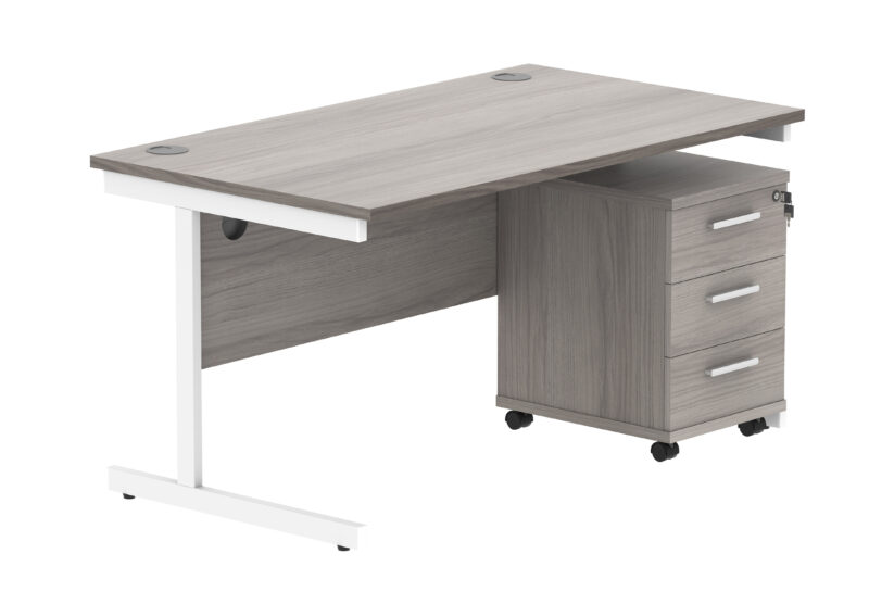 Single Upright Rectangular Desk + 3 Drawer Mobile Under Desk Pedestal | 1400 X 800 | Alaskan Grey Oak/White