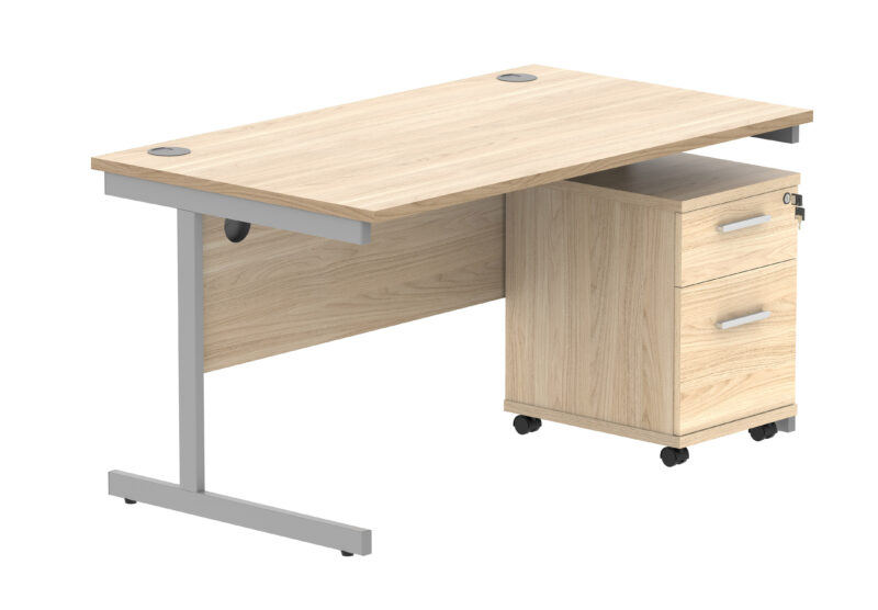 Single Upright Rectangular Desk + 2 Drawer Mobile Under Desk Pedestal | 1400 X 800 | Canadian Oak/Silver