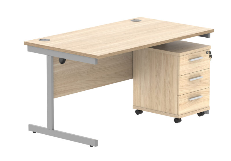 Single Upright Rectangular Desk + 3 Drawer Mobile Under Desk Pedestal | 1400 X 800 | Canadian Oak/Silver