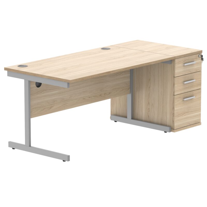 Single Upright Rectangular Desk + Desk High Pedestal | 1400 X 800 | Canadian Oak/Silver