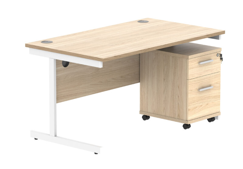 Single Upright Rectangular Desk + 2 Drawer Mobile Under Desk Pedestal | 1400 X 800 | Canadian Oak/White