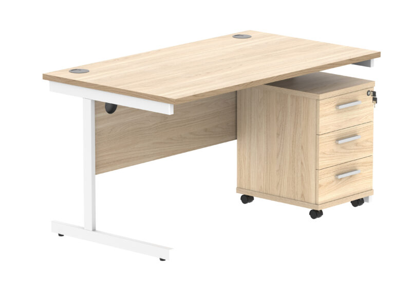 Single Upright Rectangular Desk + 3 Drawer Mobile Under Desk Pedestal | 1400 X 800 | Canadian Oak/White