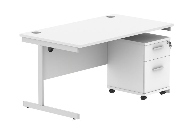 Single Upright Rectangular Desk + 2 Drawer Mobile Under Desk Pedestal | 1400 X 800 | Arctic White/Silver