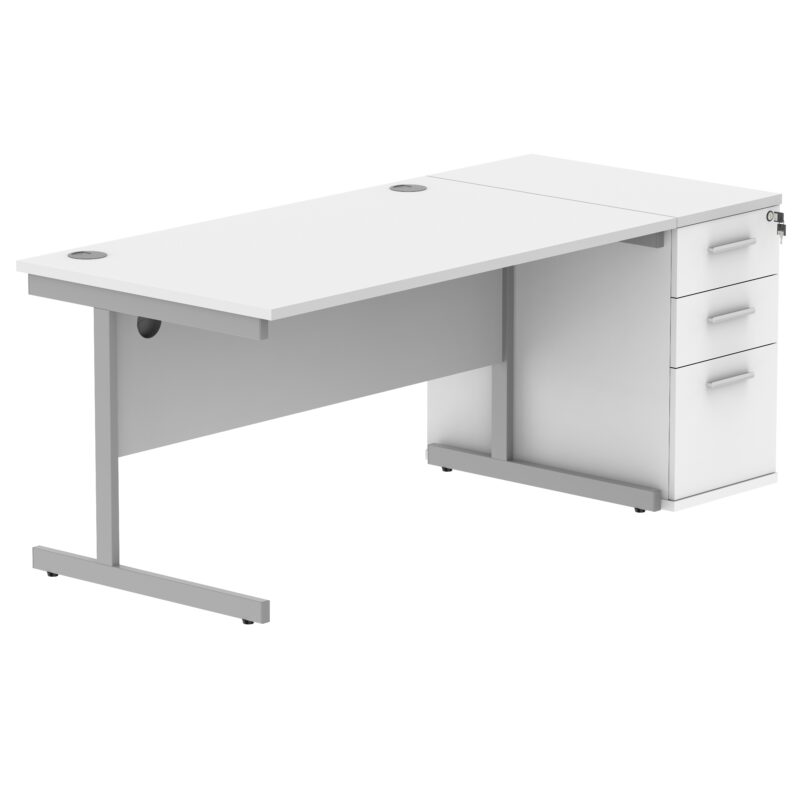 Single Upright Rectangular Desk + Desk High Pedestal | 1400 X 800 | Arctic White/Silver