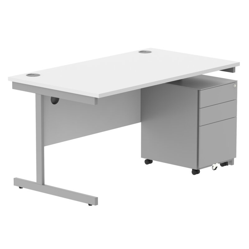 CORE Single Upright Rectangular Desk + Under Desk Steel Pedestal 3 Drawers | 1400 X 800 | Arctic White/Silver