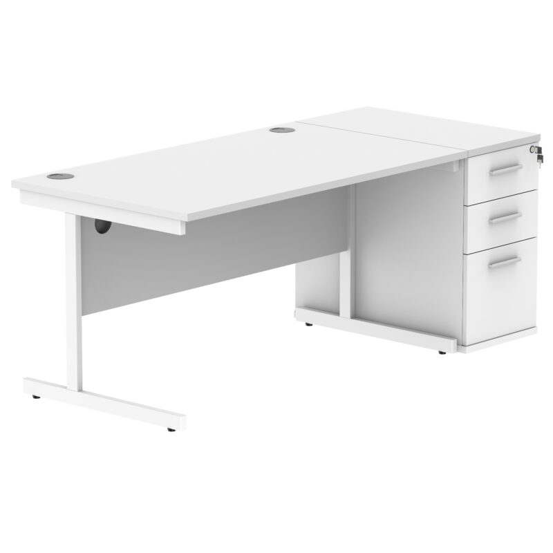 Single Upright Rectangular Desk + Desk High Pedestal | 1400 X 800 | Arctic White/White