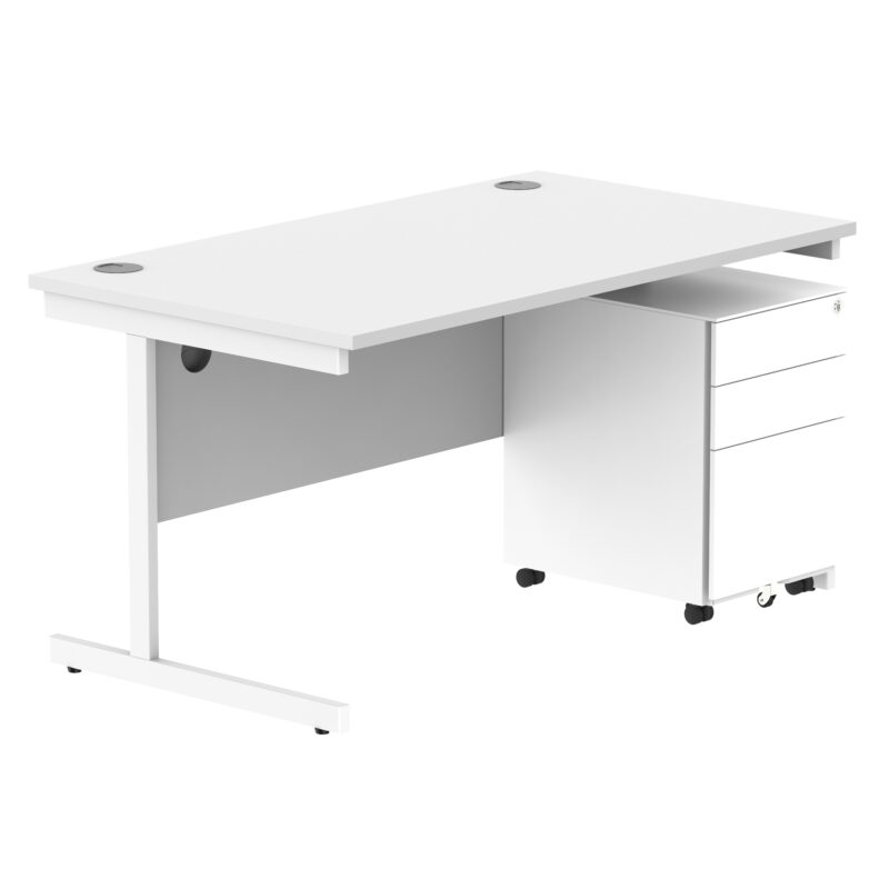 CORE Single Upright Rectangular Desk + Under Desk Steel Pedestal 3 Drawers | 1400 X 800 | Arctic White/White