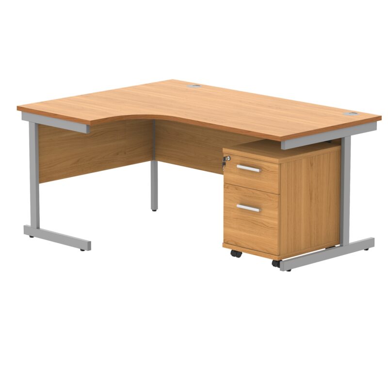 Single Upright Left Hand Radial Desk + 2 Drawer Mobile Under Desk Pedestal | 1600 X 1200 | Norwegian Beech/Silver