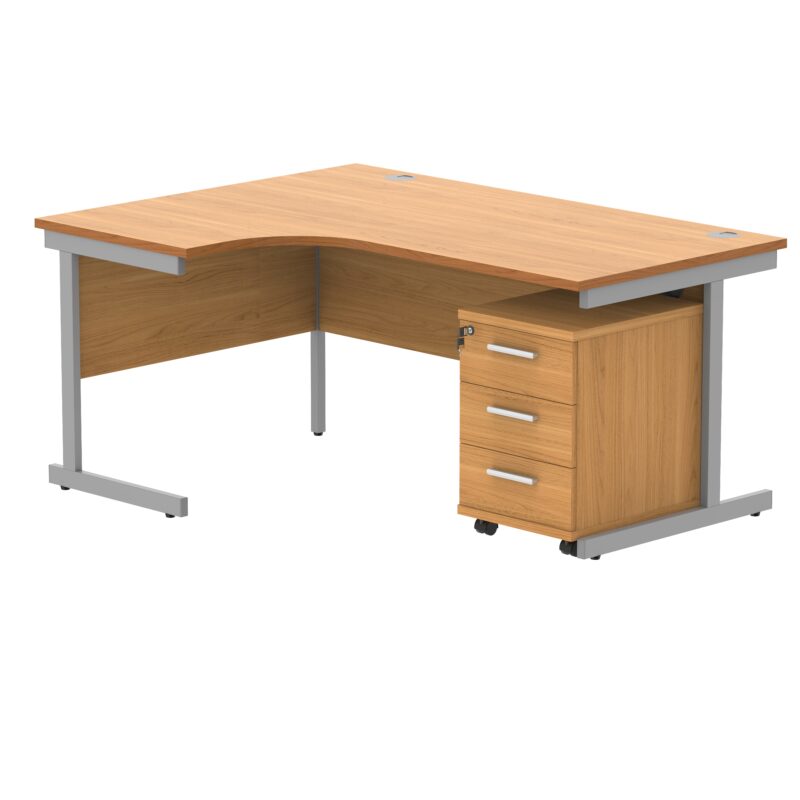 Single Upright Left Hand Radial Desk + 3 Drawer Mobile Under Desk Pedestal | 1600 X 1200 | Norwegian Beech/Silver