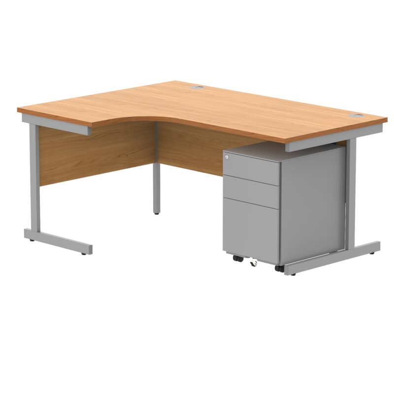 CORE Single Upright Left Hand Radial Desk + Under Desk Steel Pedestal 3 Drawers | 1600 X 1200 | Norwegian Beech/Silver