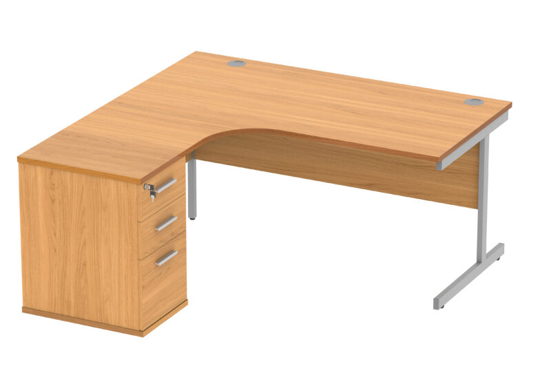 Single Upright Left Hand Radial Desk + Desk High Pedestal | 600mm Deep Pedestal | 1600 X 1200 | Norwegian Beech/Silver