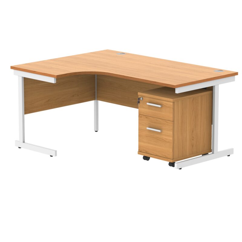 Single Upright Left Hand Radial Desk + 2 Drawer Mobile Under Desk Pedestal | 1600 X 1200 | Norwegian Beech/White