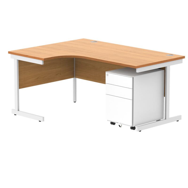 CORE Single Upright Left Hand Radial Desk + Under Desk Steel Pedestal 3 Drawers | 1600 X 1200 | Norwegian Beech/White