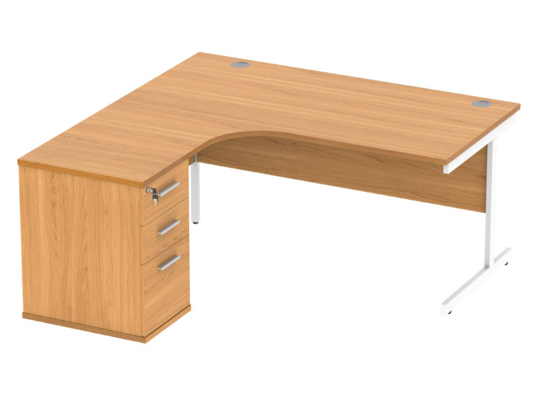 Single Upright Left Hand Radial Desk + Desk High Pedestal | 600mm Deep Pedestal | 1600 X 1200 | Norwegian Beech/White